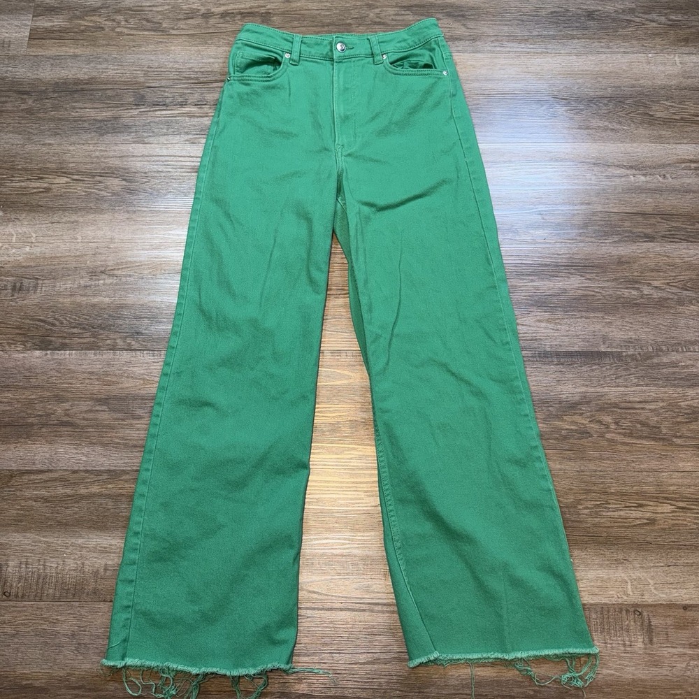 Divided by H&M High Waisted Wide Leg Kelly Green Jeans Womens 8 Frayed Hem